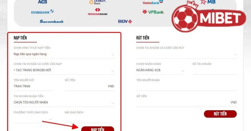 Giao diện nạp tiền Mibet